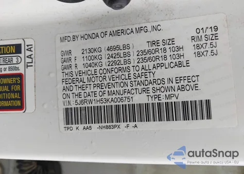 2019 Honda Cr-V Ex z USA, uszkodzony, nr VIN 5J6RW1H53KA006751